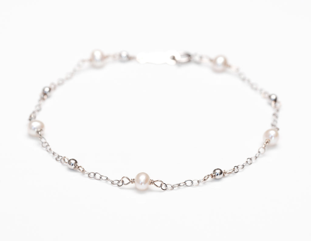 White Pearl Bracelet with 14k White Gold Chain