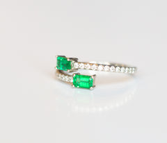 Emerald and Diamond Two Stone Bypass Ring in 14k White Gold