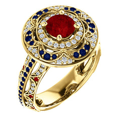 Angled View 18k Gold Ruby Sapphire and Diamond Ring. Vintage Style. 1.5 ctw, 7.6g