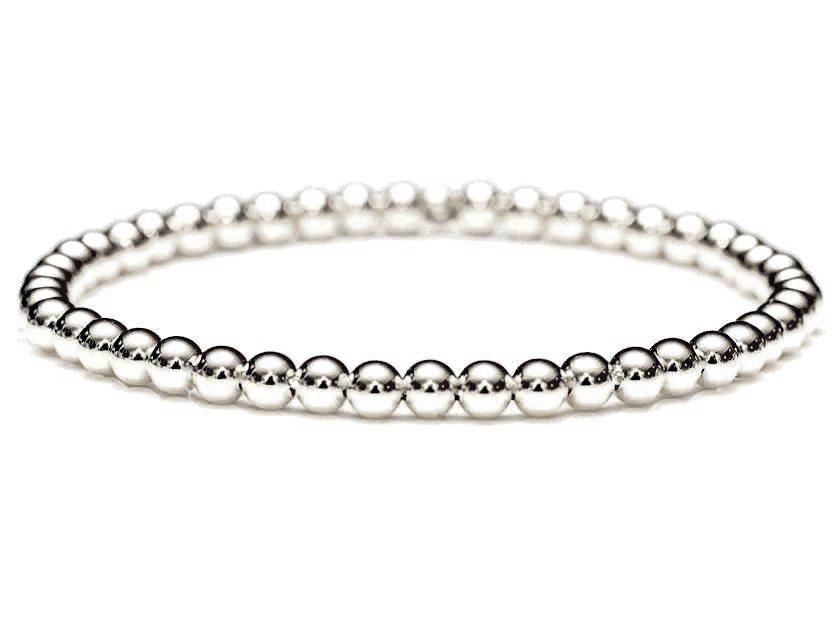 18k white gold ball bead stretch bracelet, quality guaranteed. Durable hard-wall beads. Stacking and layering bracelets. 3mm, 4mm, 5mm, 6mm by Crystal Casman