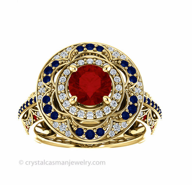 18k Gold Ruby Sapphire and Diamond Ring. Vintage Style. 1.5 ctw, 7.6g 1