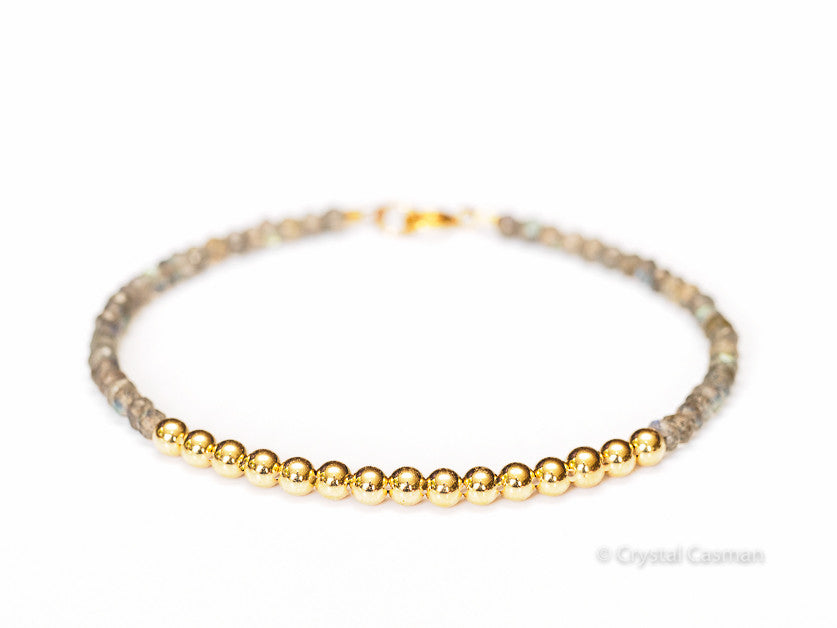 14k Gold Bead Bracelet with Labradorite - Womens and Mens Bracelet