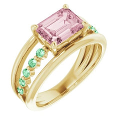 Morganite and Green Diamond Ring in 14k Gold