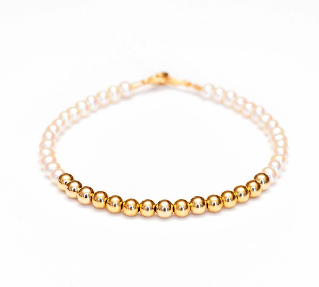 White Pearl Bracelet with 14k Gold Beads - 4mm