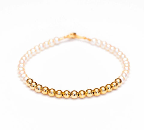 White Pearl Bracelet with 14k Gold Beads - 4mm